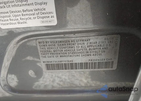 2008 Volkswagen Passat Komfort from USA, damaged, VIN WVWAK73C08P107646